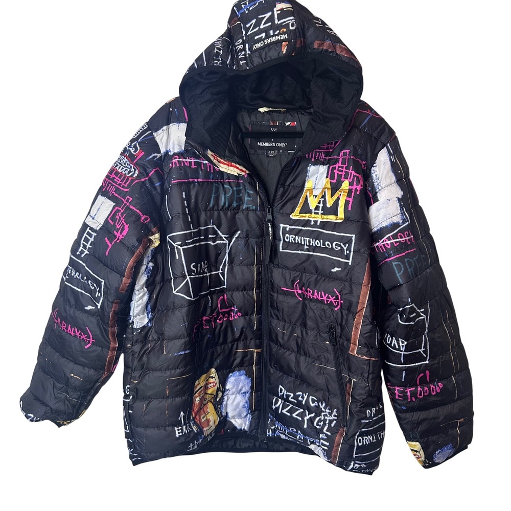 NEW Mens XXL Members Only Jean-Michel Basquiat Graffiti Puffer Jacket Black‎